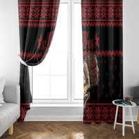 Hanging Krampus Christmas window curtains in black and red with geometric trim