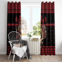 Krampus-themed Christmas window curtains in black and red with bold patterned header