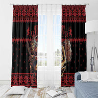 Krampus Christmas window curtain pair in black and red with hanging rod loops