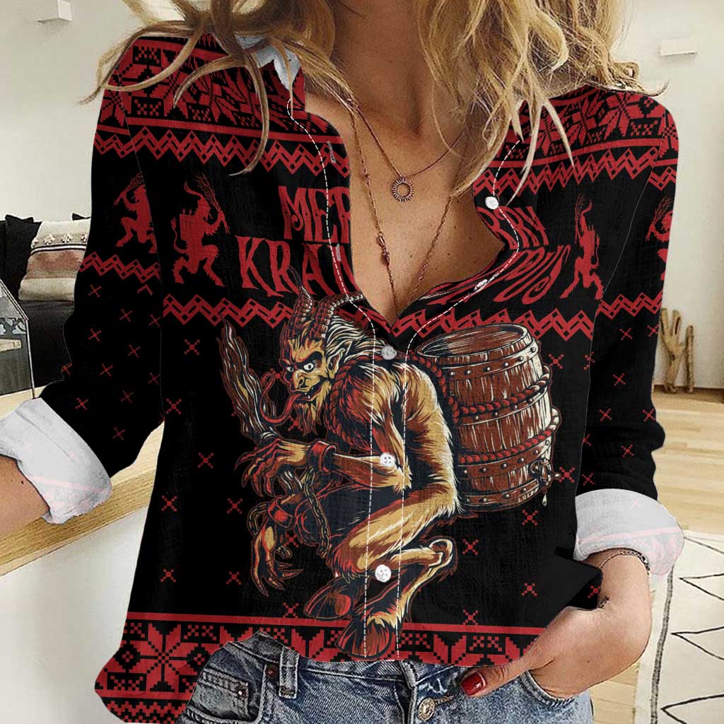 Merry Krampus Creepy Christmas Holiday Women Casual Shirt Red Version