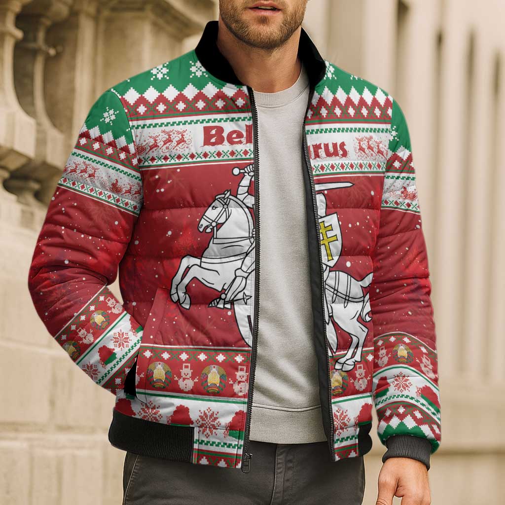 Belarus Pahonia Christmas Bomber Puffer Jacket Belarusian Vytis Knight Xmas Pattern - Wonder Print Shop