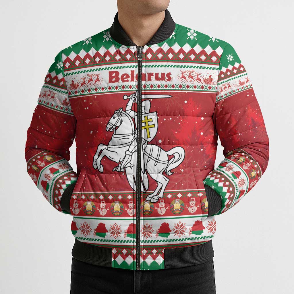 Belarus Pahonia Christmas Bomber Puffer Jacket Belarusian Vytis Knight Xmas Pattern - Wonder Print Shop