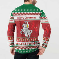 Belarus Pahonia Christmas Button Sweatshirt Belarusian Vytis Knight Xmas Pattern - Wonder Print Shop