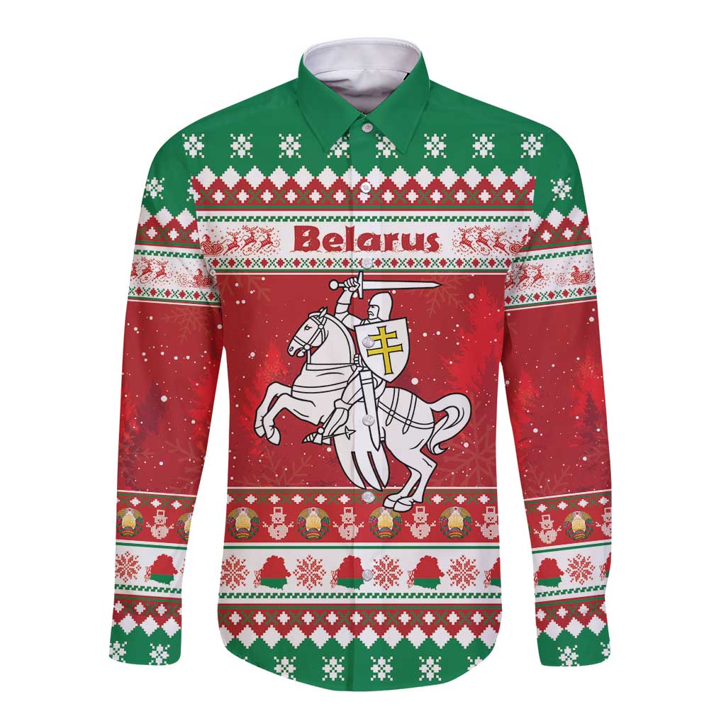 Belarus Pahonia Christmas Long Sleeve Button Shirt Belarusian Vytis Knight Xmas Pattern - Wonder Print Shop