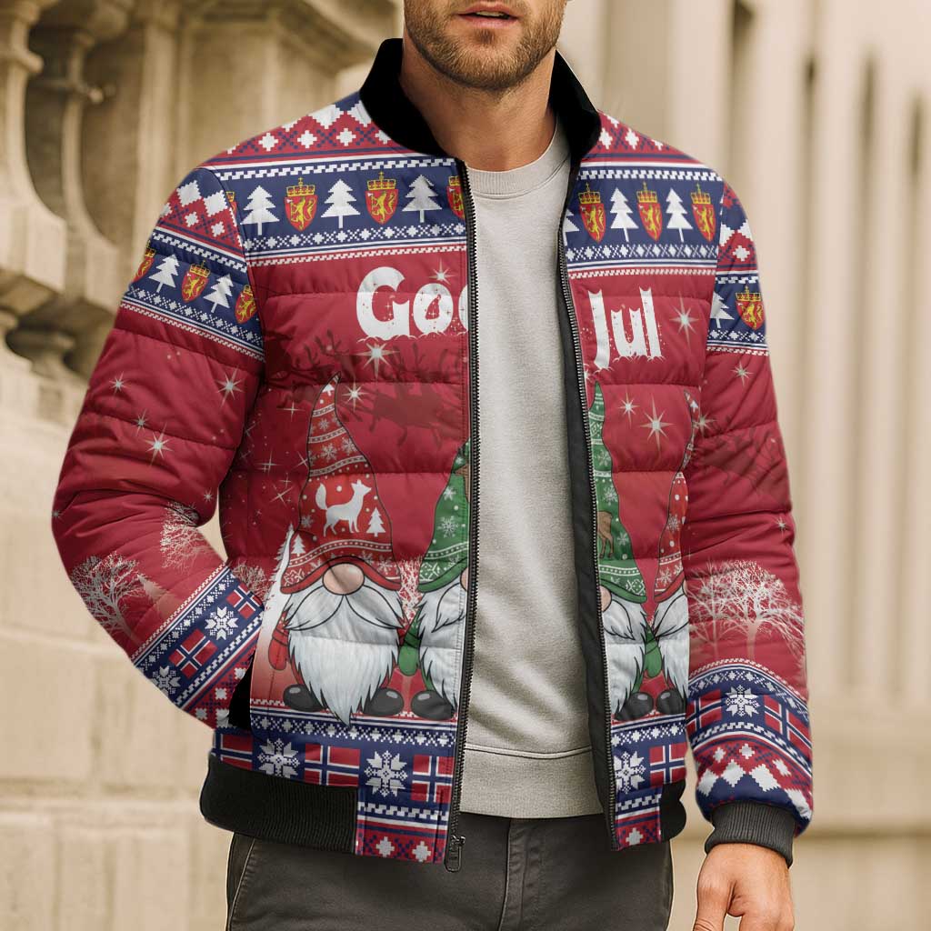 Norway Nisse Christmas Bomber Puffer Jacket God Jul Norwegian Christmas Pattern - Wonder Print Shop