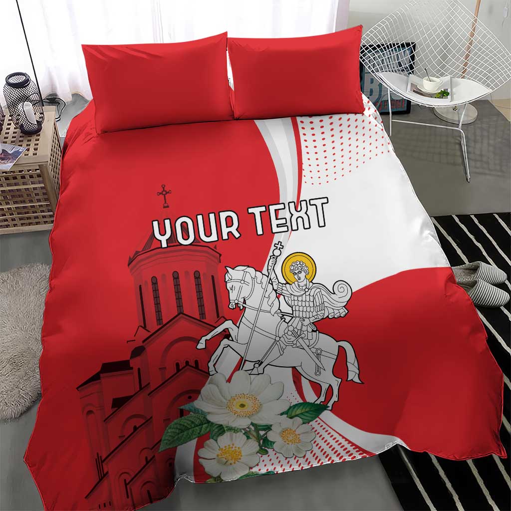 Red and white bedding set with two pillows; knight and church illustration with flowers