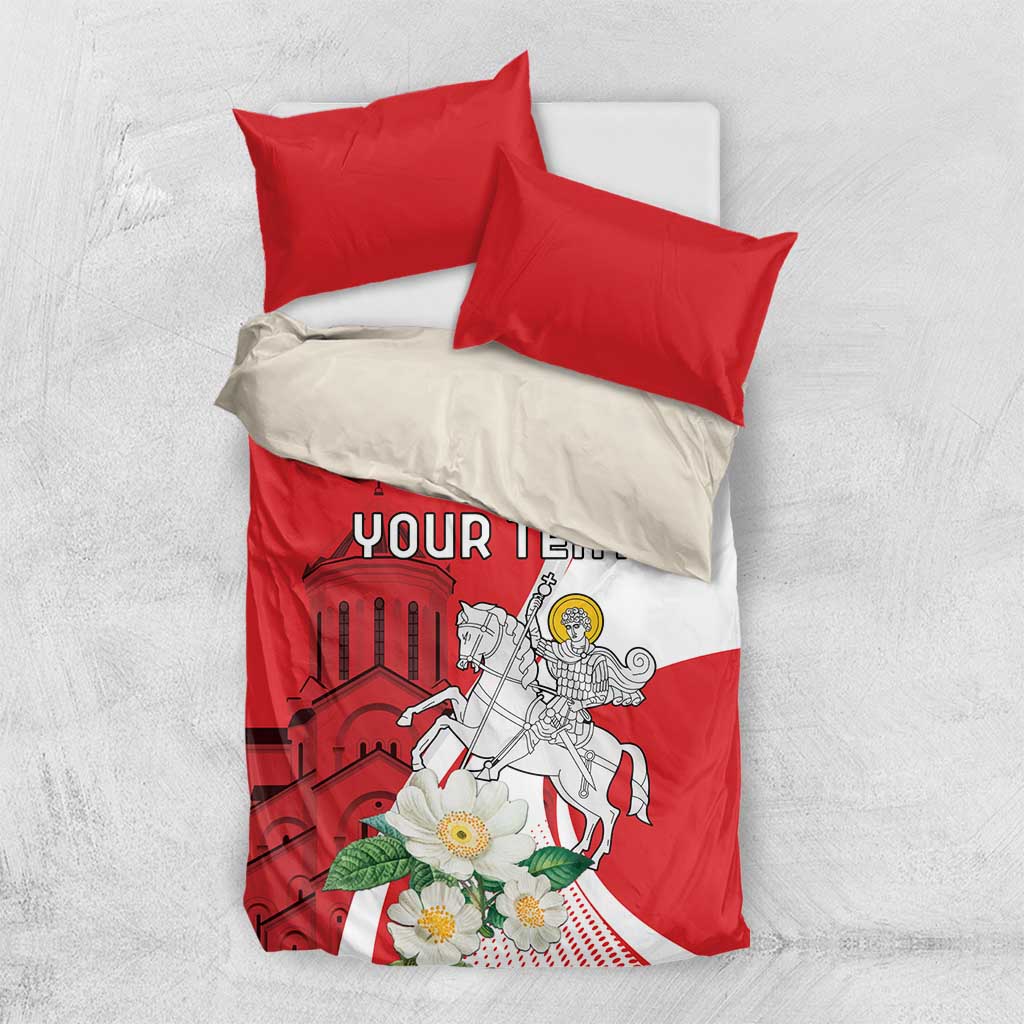 Red and white bedding set with two pillows; duvet shows 'YOUR TEXT' and floral graphic