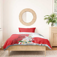Red and white duvet cover set with one red pillow, knight floral scene on curved band