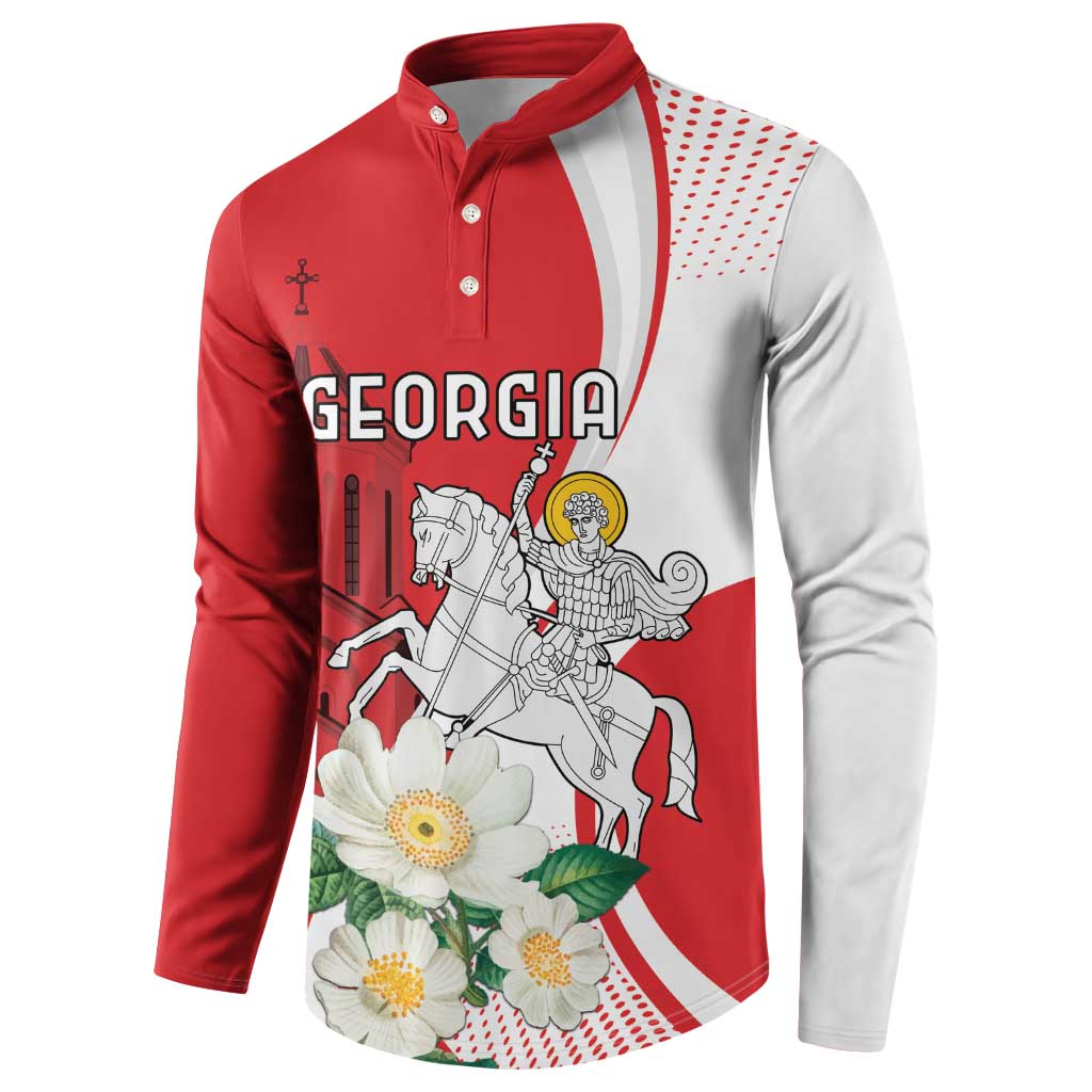 Red and white raglan button henley sweatshirt with Georgia graphic and floral print