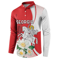 Red and white raglan button henley sweatshirt with Georgia graphic and floral print