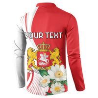 Red and white button henley sweatshirt back with custom text and crest
