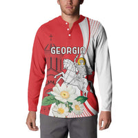 Red and white button henley sweatshirt on model with Georgia graphic and flowers