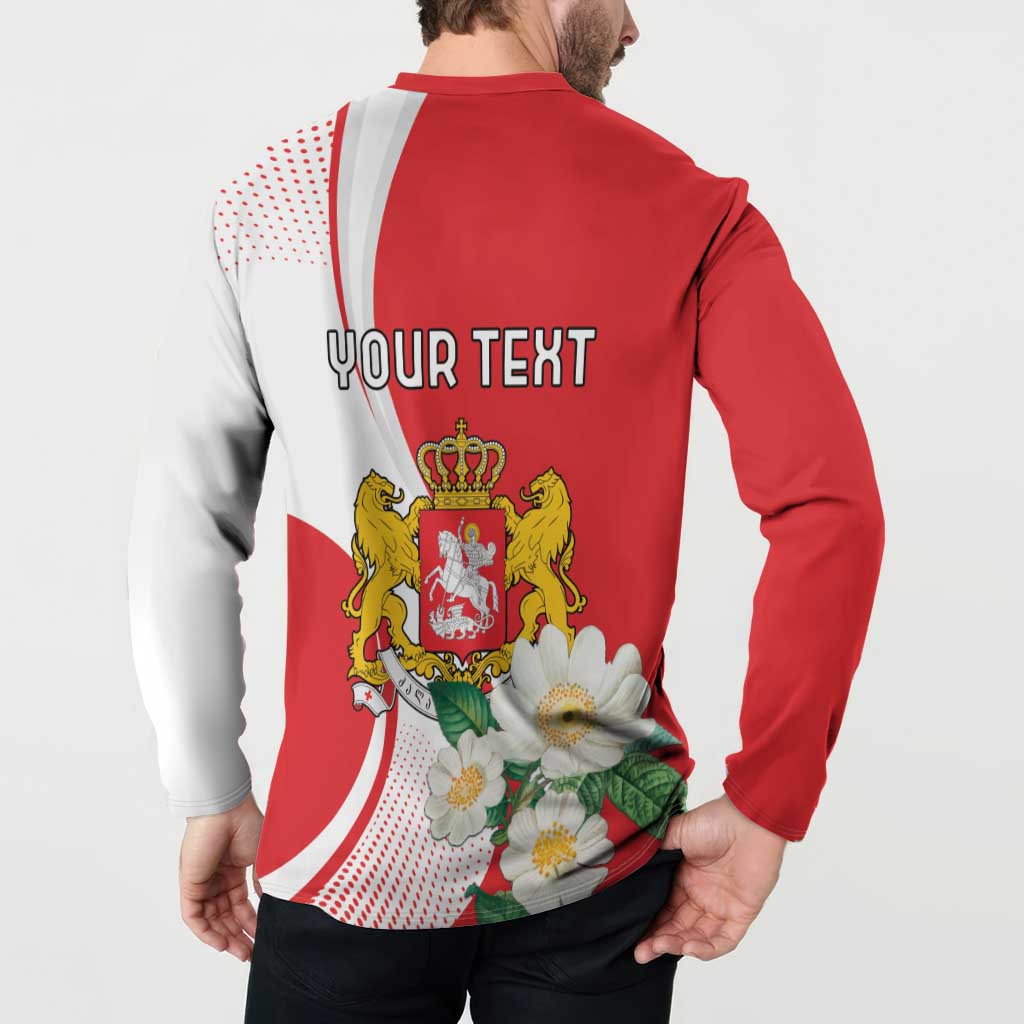 Red and white button henley sweatshirt back with custom text, lions, crest, flowers
