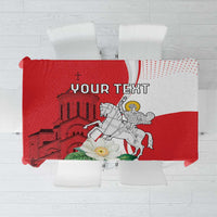Red and white personalized tablecloth with central church and soldier graphic, 'Your Text'