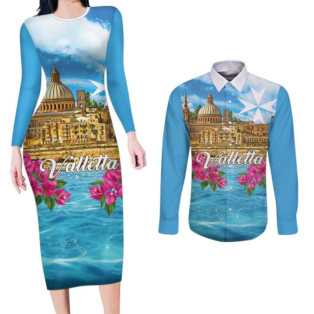 Personalized Malta Couples Matching Long Sleeve Bodycon Dress and Long Sleeve Button Shirt Valletta Capital Maltese Cross