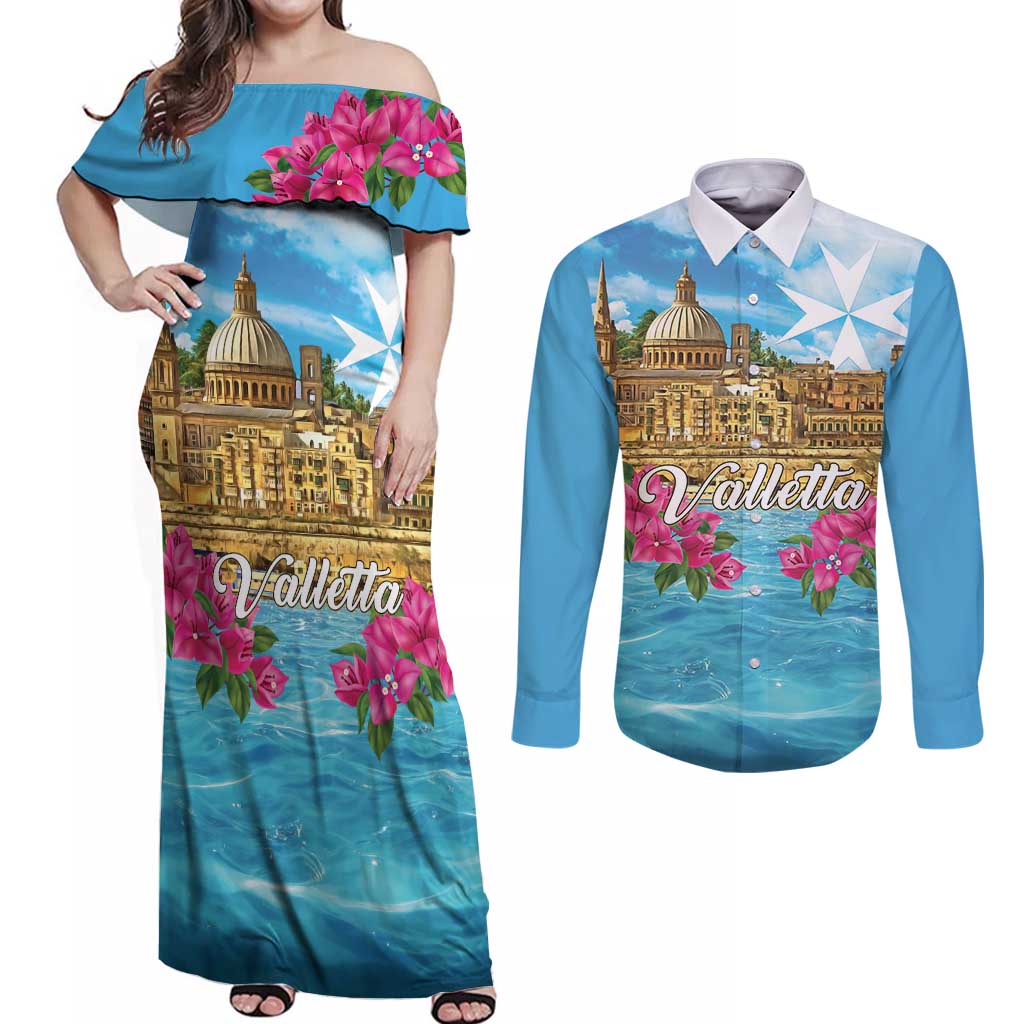 Personalized Malta Couples Matching Off Shoulder Maxi Dress and Long Sleeve Button Shirt Valletta Capital Maltese Cross