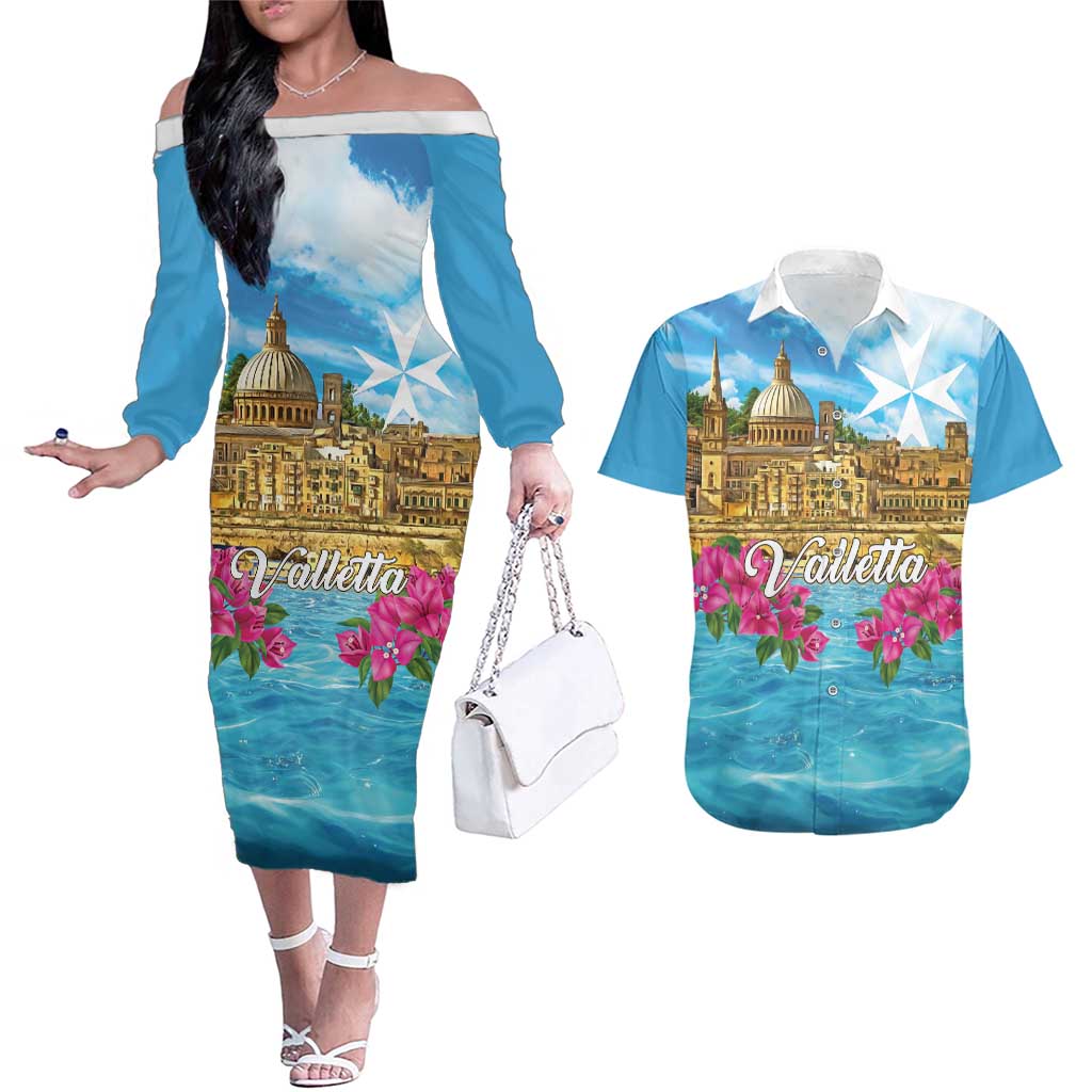 Personalized Malta Couples Matching Off The Shoulder Long Sleeve Dress and Hawaiian Shirt Valletta Capital Maltese Cross