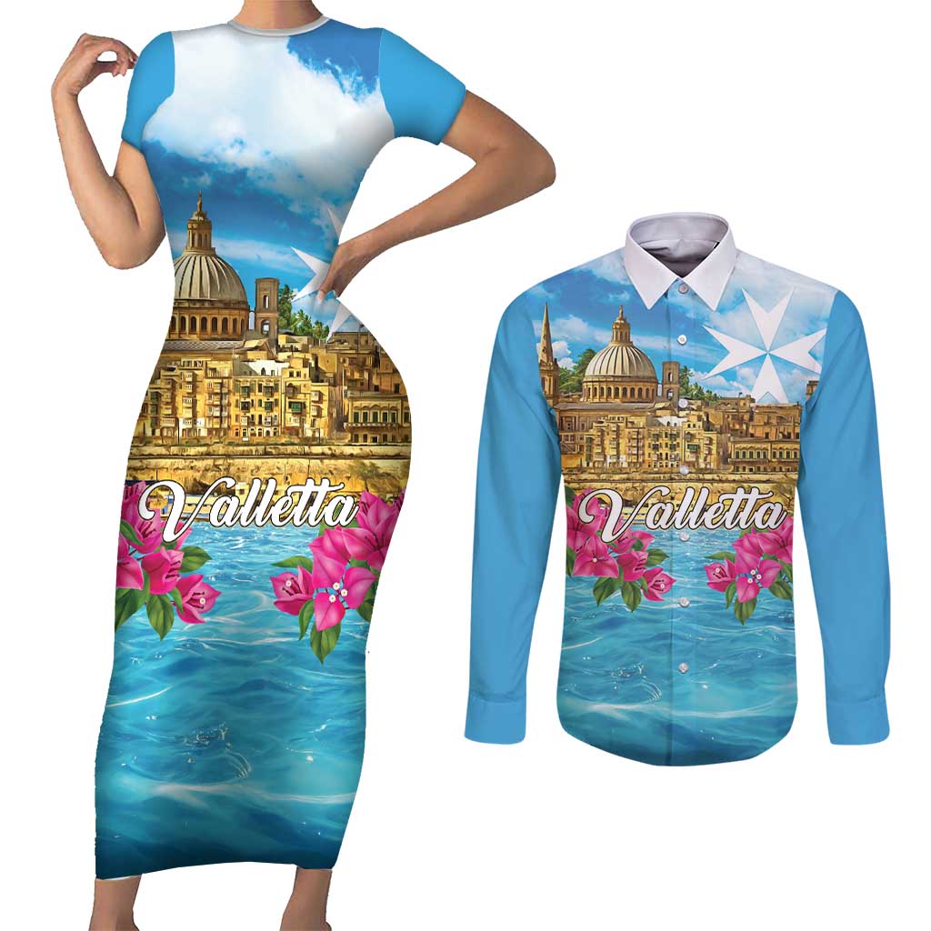 Personalized Malta Couples Matching Short Sleeve Bodycon Dress and Long Sleeve Button Shirt Valletta Capital Maltese Cross