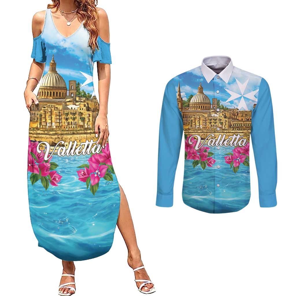 Personalized Malta Couples Matching Summer Maxi Dress and Long Sleeve Button Shirt Valletta Capital Maltese Cross