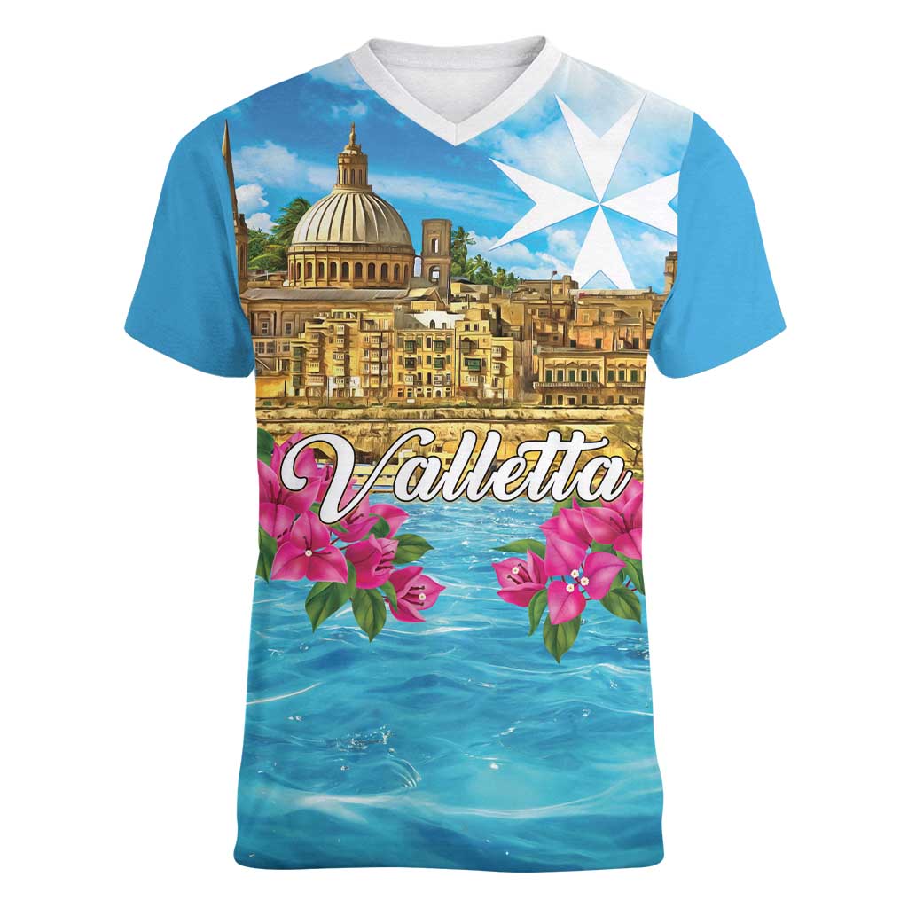 Personalized Malta Women V-Neck T-Shirt Valletta Capital Maltese Cross