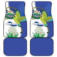 Car floor mat set: blue border emblem with bird and grass; plus two solid blue mats