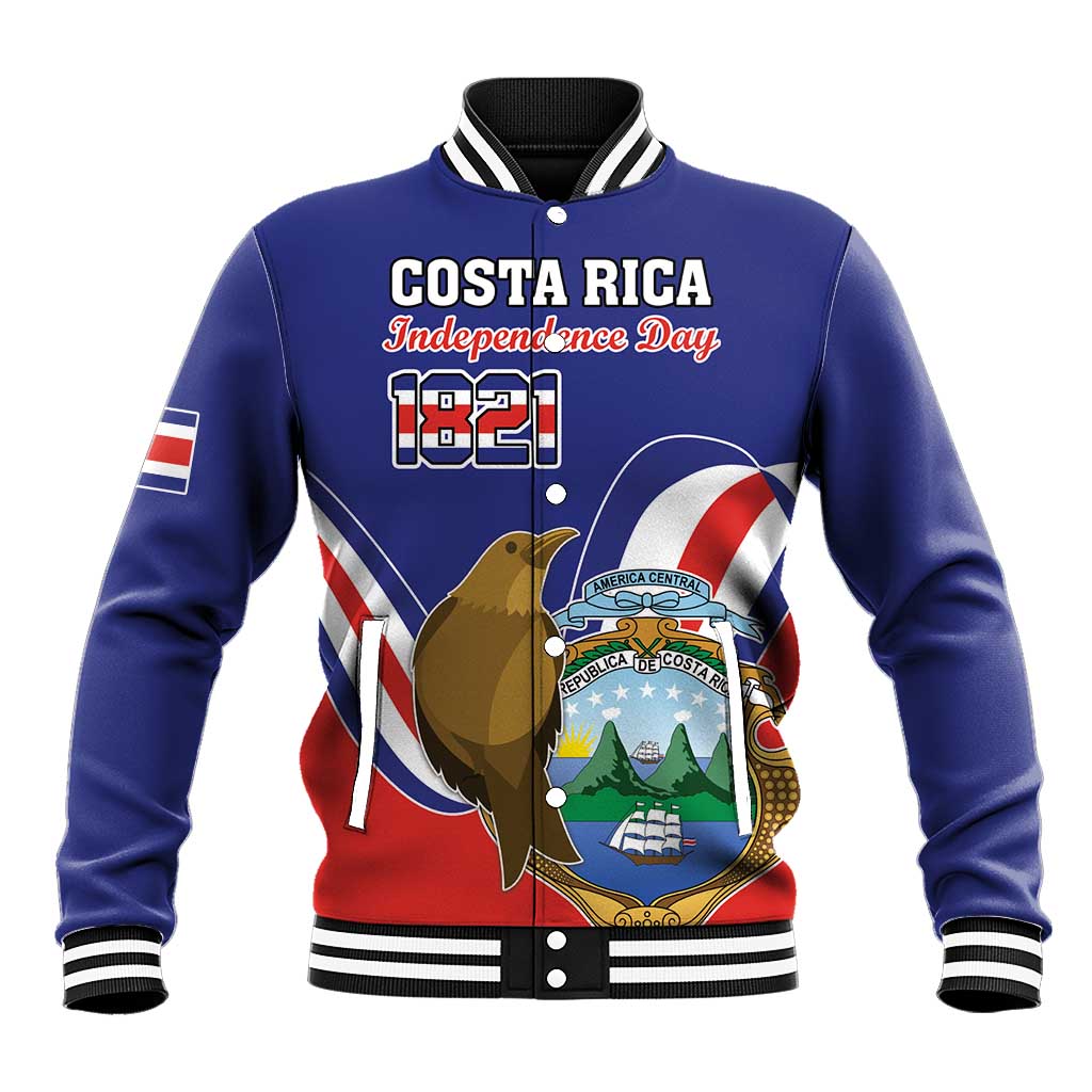 Blue baseball jacket with button front, striped cuffs, Costa Rica bird and crest graphic
