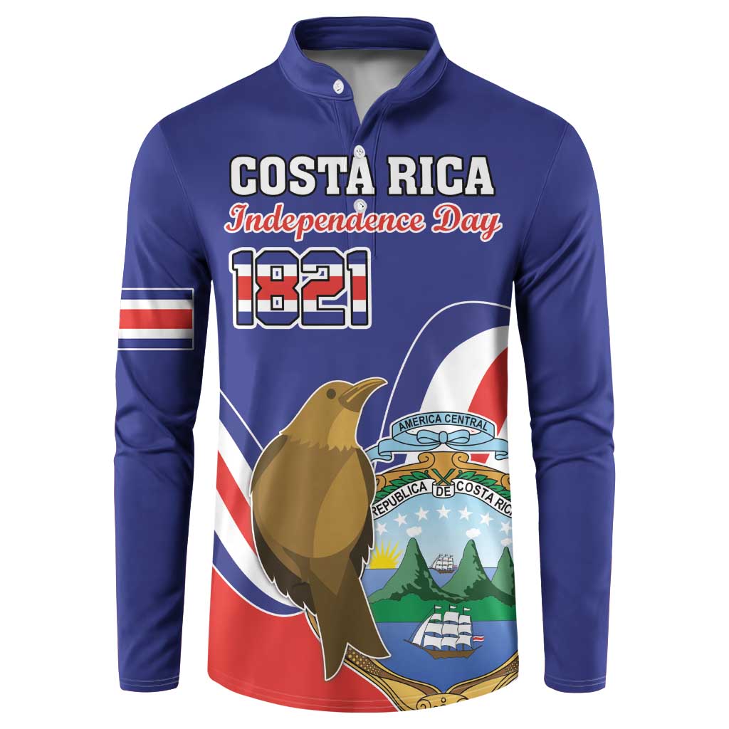 Blue button sweatshirt with bird and Costa Rica coat of arms Independence Day graphic