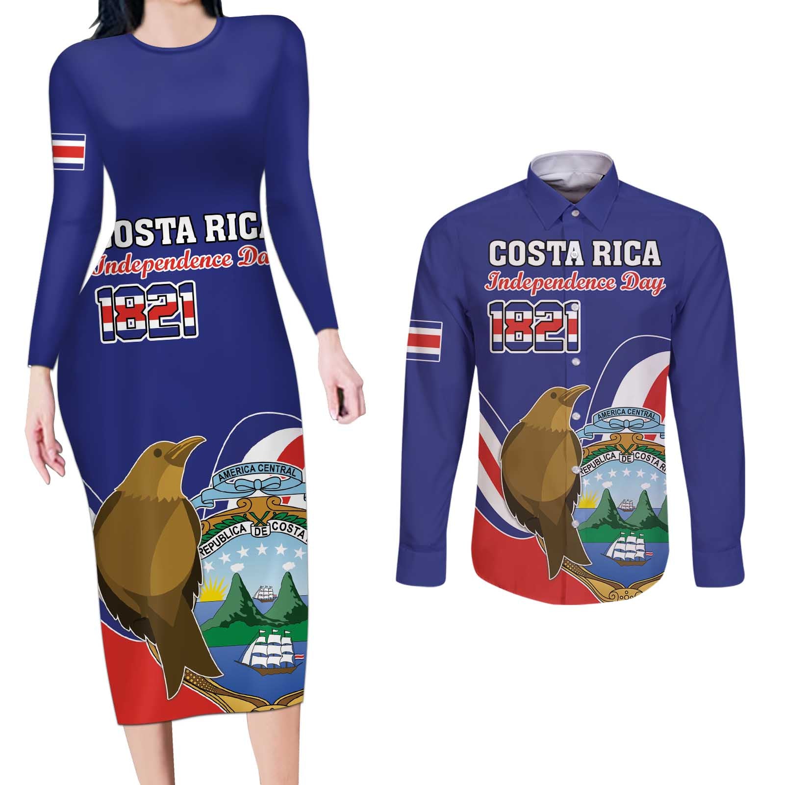 Custom Costa Rica Independence Day Couples Matching Long Sleeve Bodycon Dress and Long Sleeve Button Shirt Turdus Grayi Bird With Coat Of Arms - Wonder Print Shop