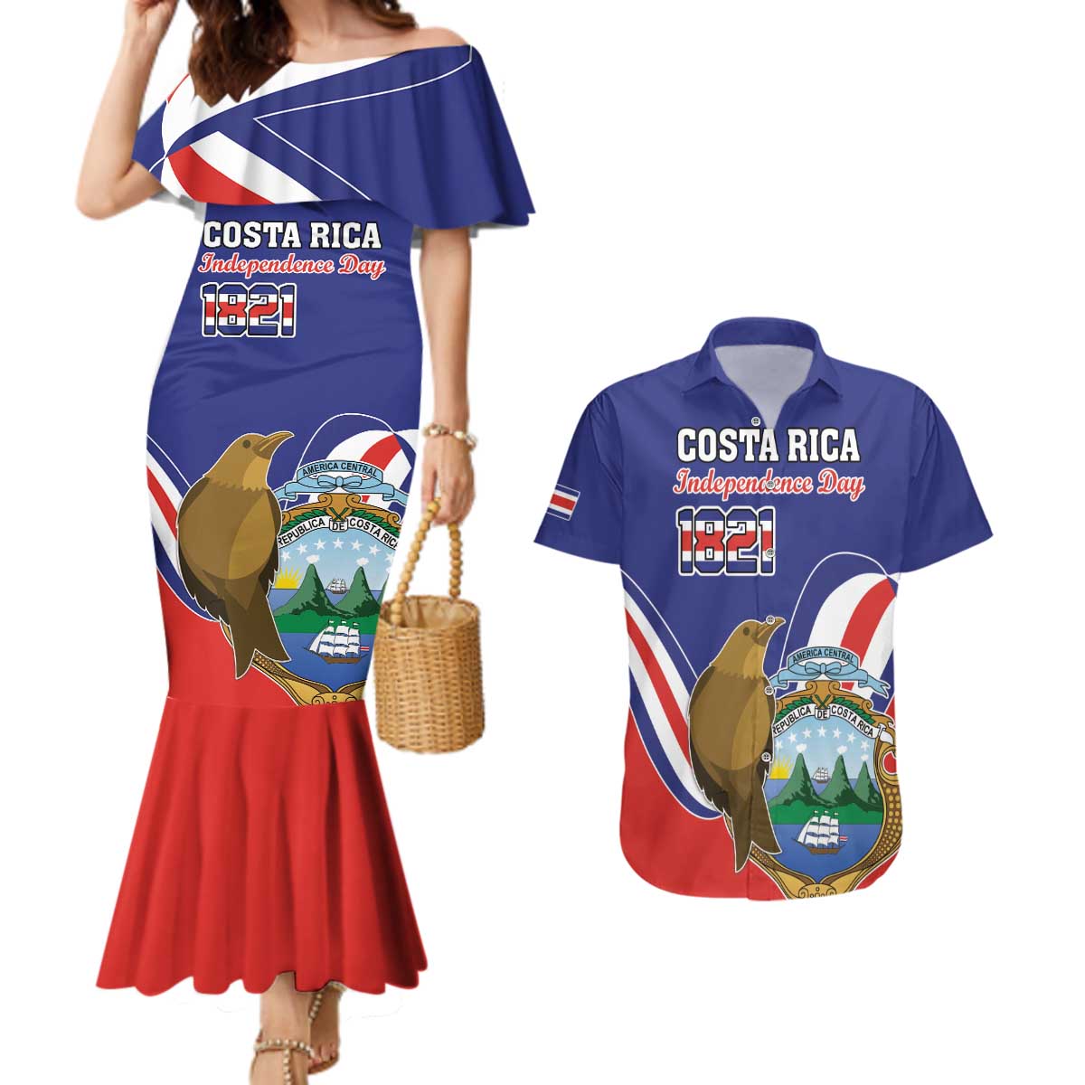 Custom Costa Rica Independence Day Couples Matching Mermaid Dress and Hawaiian Shirt Turdus Grayi Bird With Coat Of Arms - Wonder Print Shop