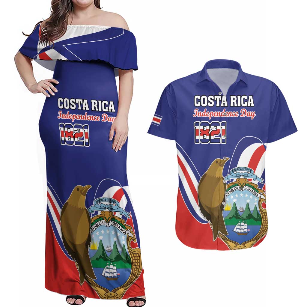 Custom Costa Rica Independence Day Couples Matching Off Shoulder Maxi Dress and Hawaiian Shirt Turdus Grayi Bird With Coat Of Arms - Wonder Print Shop