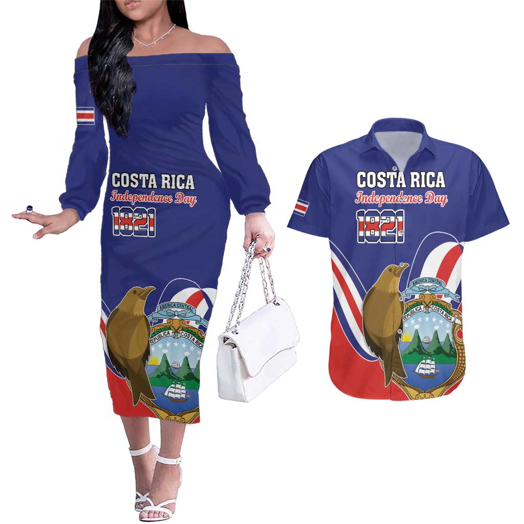 Custom Costa Rica Independence Day Couples Matching Off The Shoulder Long Sleeve Dress and Hawaiian Shirt Turdus Grayi Bird With Coat Of Arms - Wonder Print Shop