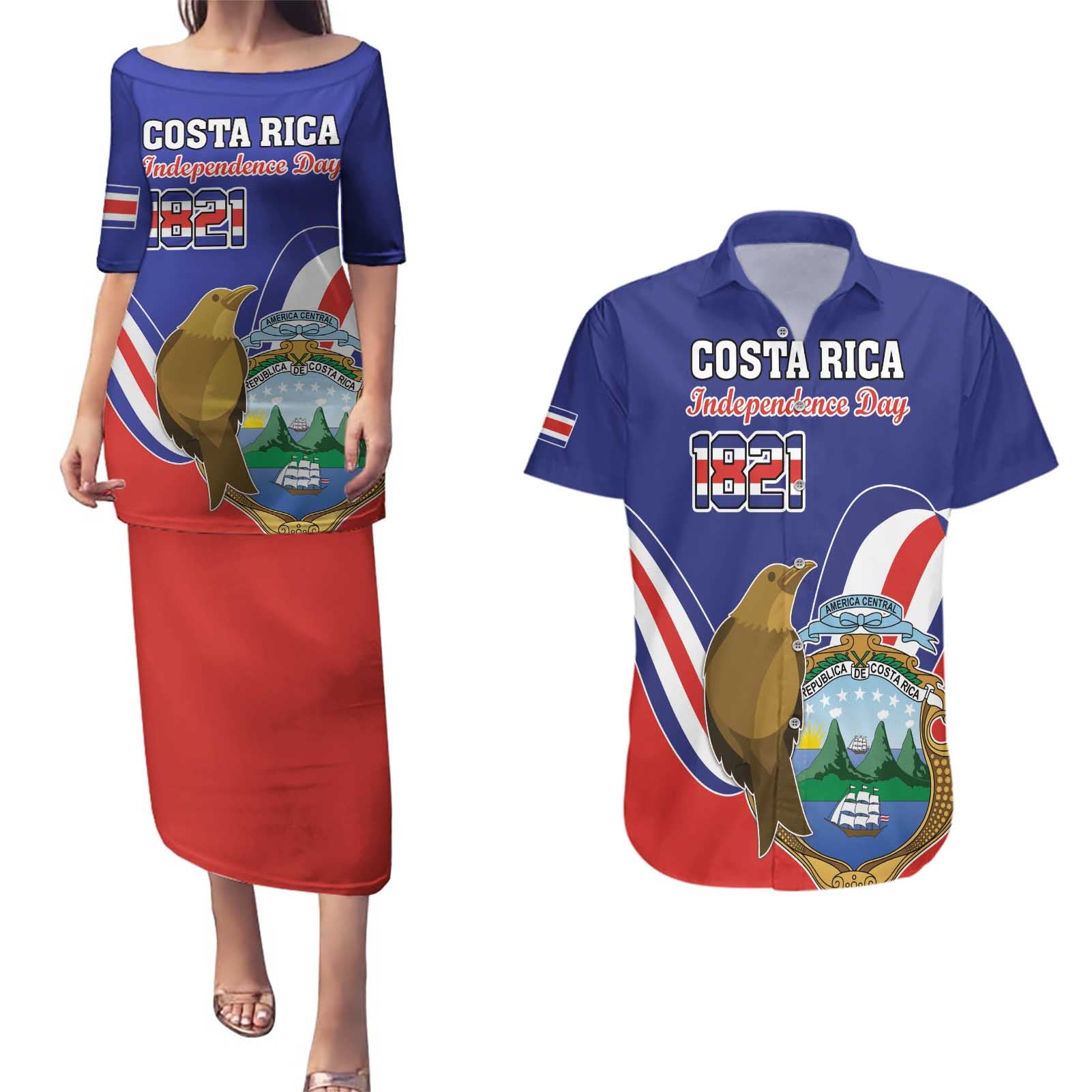 Custom Costa Rica Independence Day Couples Matching Puletasi and Hawaiian Shirt Turdus Grayi Bird With Coat Of Arms - Wonder Print Shop