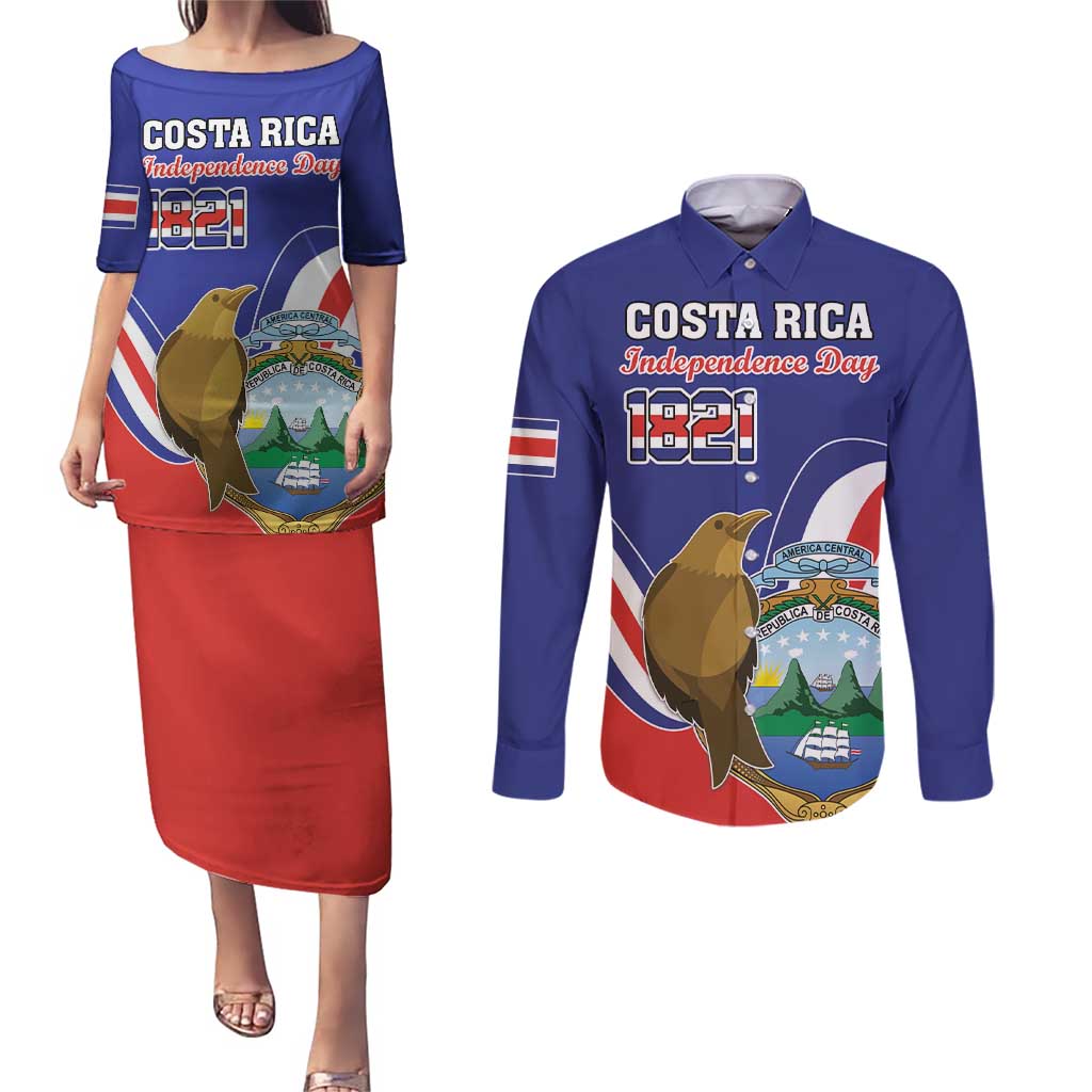 Custom Costa Rica Independence Day Couples Matching Puletasi and Long Sleeve Button Shirt Turdus Grayi Bird With Coat Of Arms - Wonder Print Shop