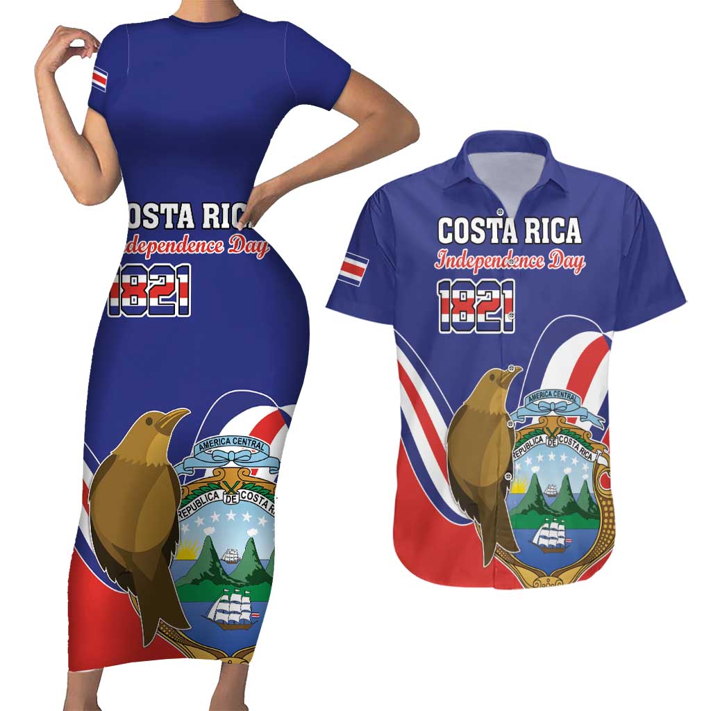 Custom Costa Rica Independence Day Couples Matching Short Sleeve Bodycon Dress and Hawaiian Shirt Turdus Grayi Bird With Coat Of Arms - Wonder Print Shop