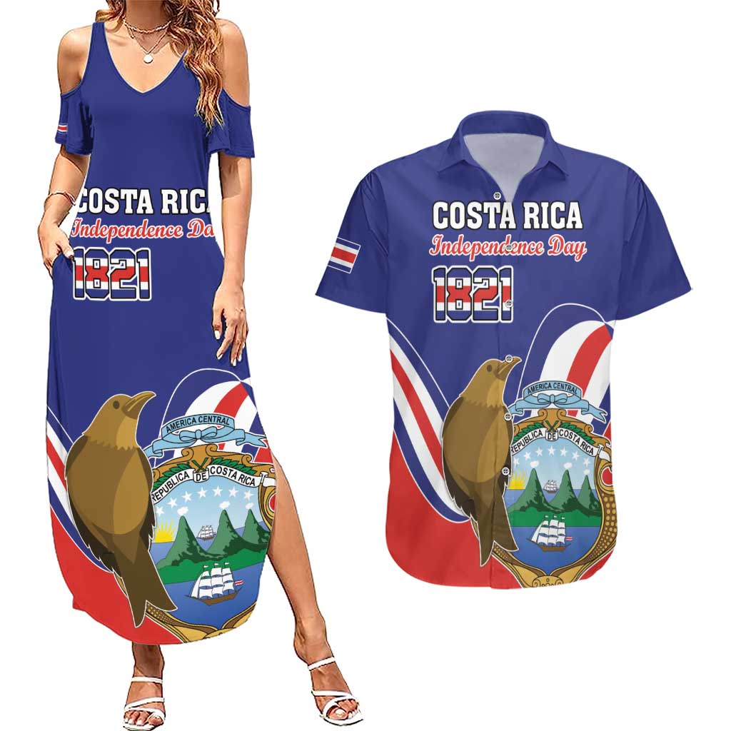 Custom Costa Rica Independence Day Couples Matching Summer Maxi Dress and Hawaiian Shirt Turdus Grayi Bird With Coat Of Arms - Wonder Print Shop