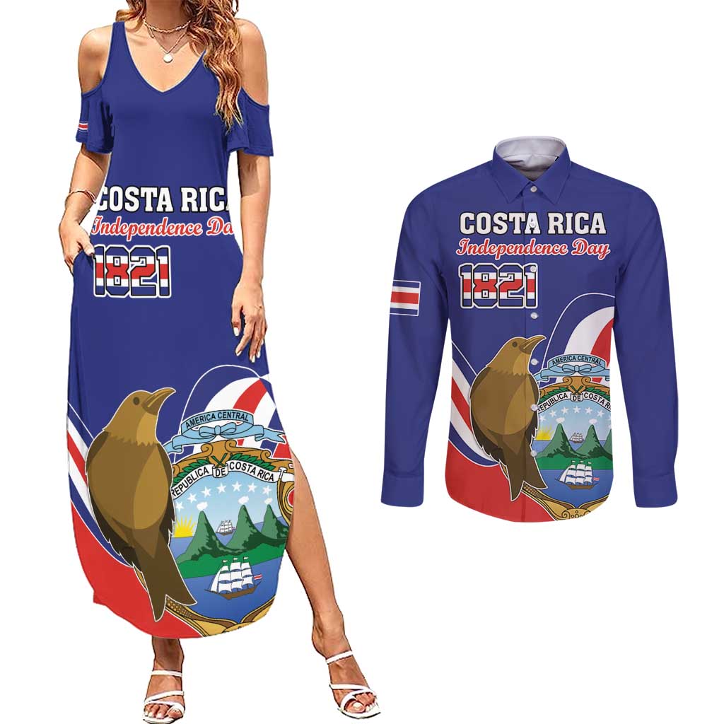 Custom Costa Rica Independence Day Couples Matching Summer Maxi Dress and Long Sleeve Button Shirt Turdus Grayi Bird With Coat Of Arms - Wonder Print Shop