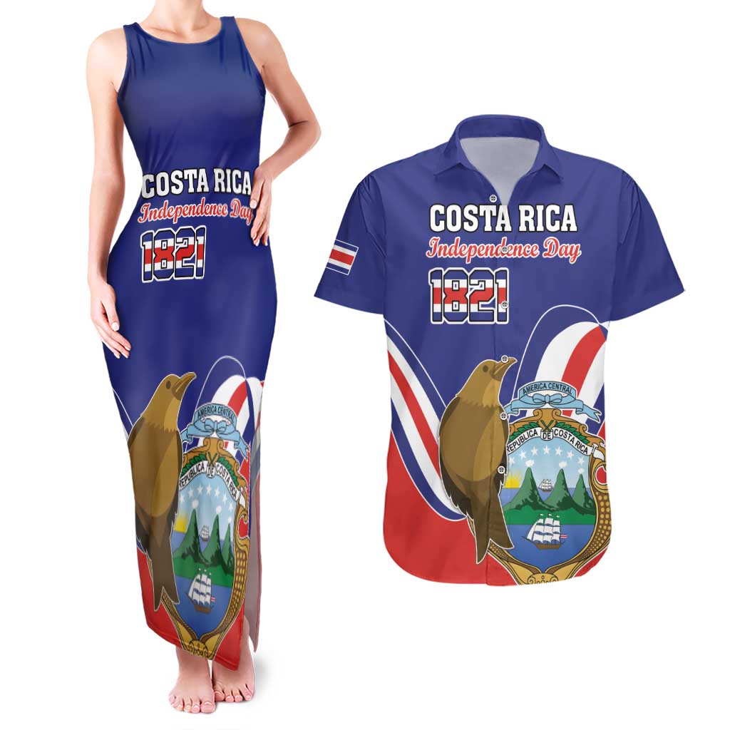 Custom Costa Rica Independence Day Couples Matching Tank Maxi Dress and Hawaiian Shirt Turdus Grayi Bird With Coat Of Arms - Wonder Print Shop