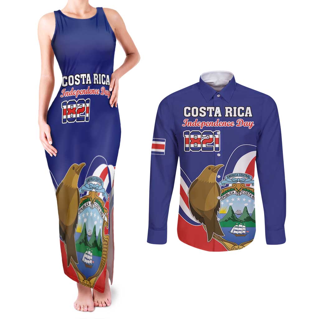 Custom Costa Rica Independence Day Couples Matching Tank Maxi Dress and Long Sleeve Button Shirt Turdus Grayi Bird With Coat Of Arms - Wonder Print Shop