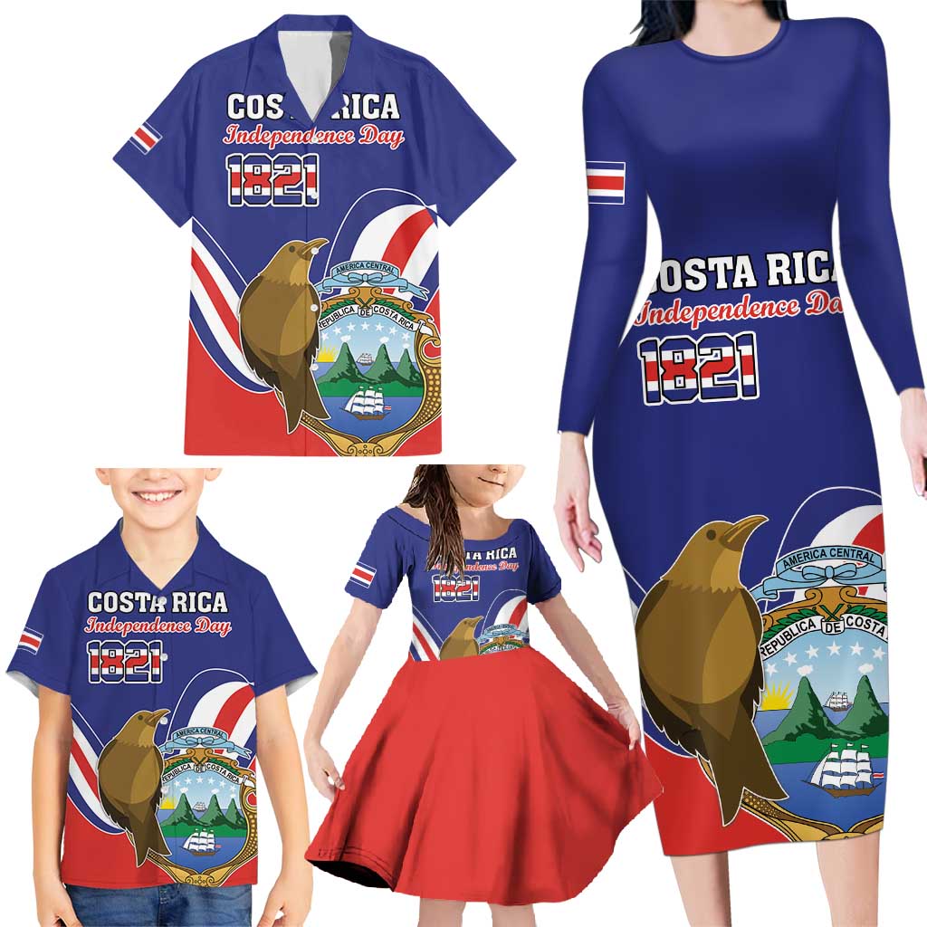 Custom Costa Rica Independence Day Family Matching Long Sleeve Bodycon Dress and Hawaiian Shirt Turdus Grayi Bird With Coat Of Arms - Wonder Print Shop