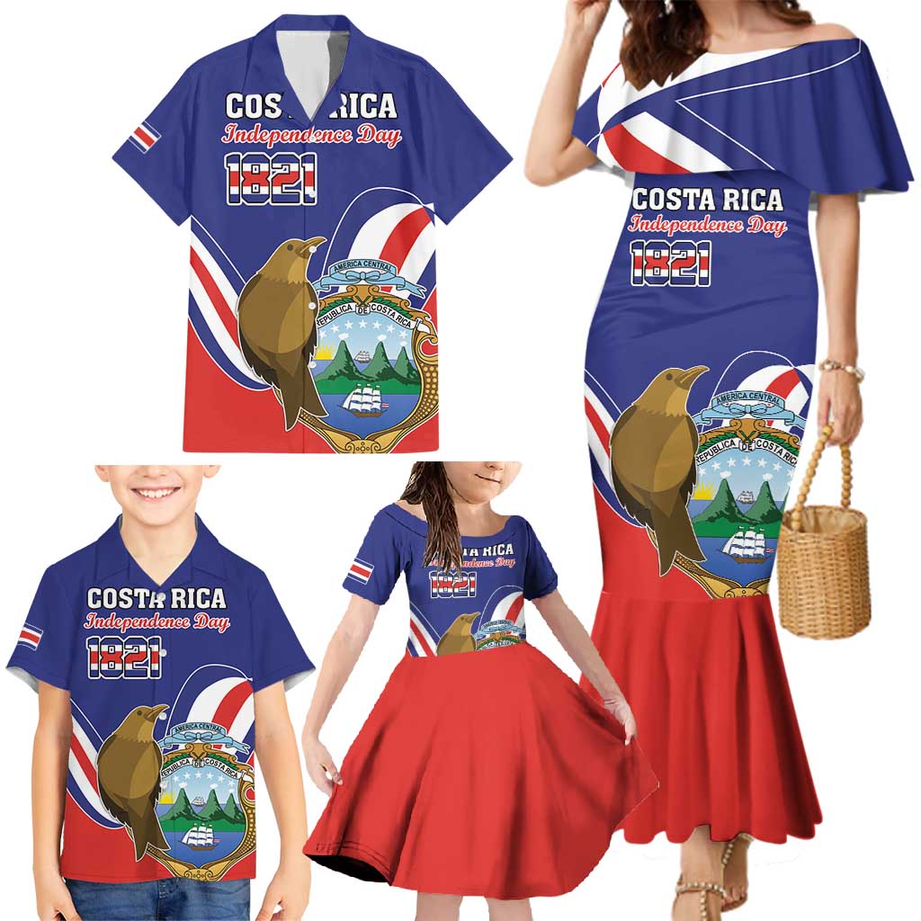 Custom Costa Rica Independence Day Family Matching Mermaid Dress and Hawaiian Shirt Turdus Grayi Bird With Coat Of Arms - Wonder Print Shop