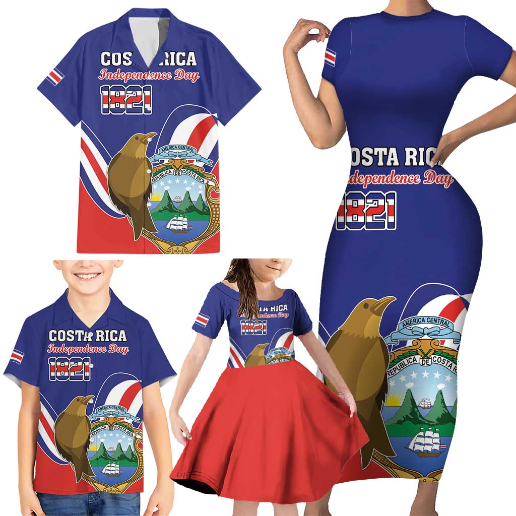 Custom Costa Rica Independence Day Family Matching Short Sleeve Bodycon Dress and Hawaiian Shirt Turdus Grayi Bird With Coat Of Arms - Wonder Print Shop