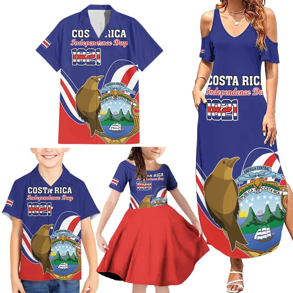 Custom Costa Rica Independence Day Family Matching Summer Maxi Dress and Hawaiian Shirt Turdus Grayi Bird With Coat Of Arms - Wonder Print Shop