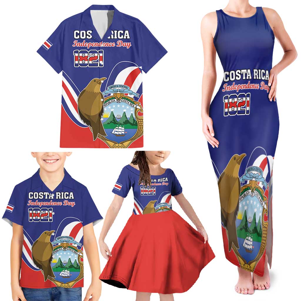 Custom Costa Rica Independence Day Family Matching Tank Maxi Dress and Hawaiian Shirt Turdus Grayi Bird With Coat Of Arms - Wonder Print Shop