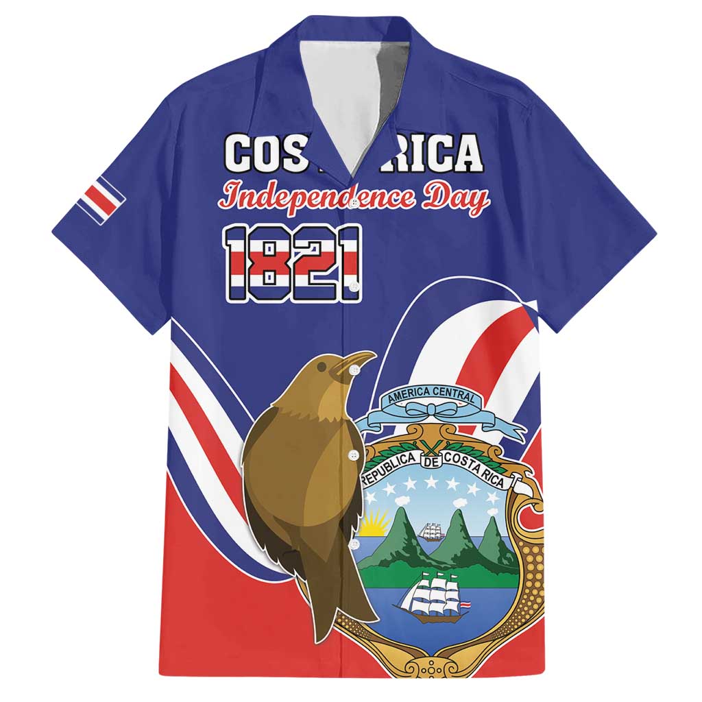 Custom Costa Rica Independence Day Hawaiian Shirt Turdus Grayi Bird With Coat Of Arms - Wonder Print Shop