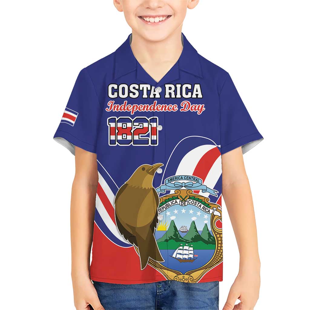 Custom Costa Rica Independence Day Kid Hawaiian Shirt Turdus Grayi Bird With Coat Of Arms - Wonder Print Shop