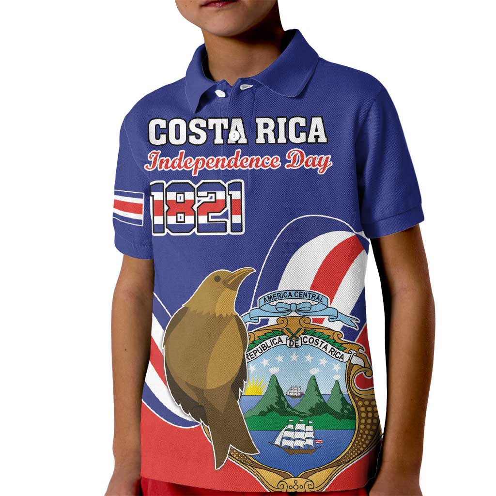 Custom Costa Rica Independence Day Kid Polo Shirt Turdus Grayi Bird With Coat Of Arms - Wonder Print Shop