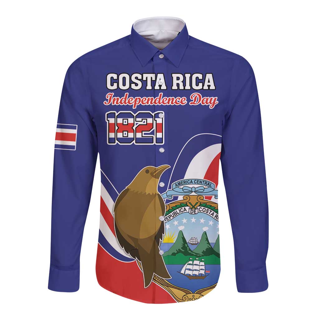 Custom Costa Rica Independence Day Long Sleeve Button Shirt Turdus Grayi Bird With Coat Of Arms - Wonder Print Shop