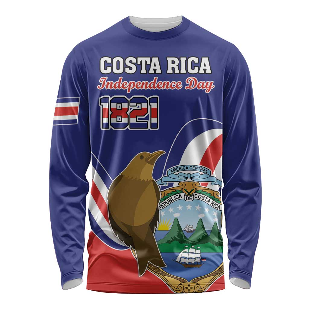 Custom Costa Rica Independence Day Long Sleeve Shirt Turdus Grayi Bird With Coat Of Arms - Wonder Print Shop