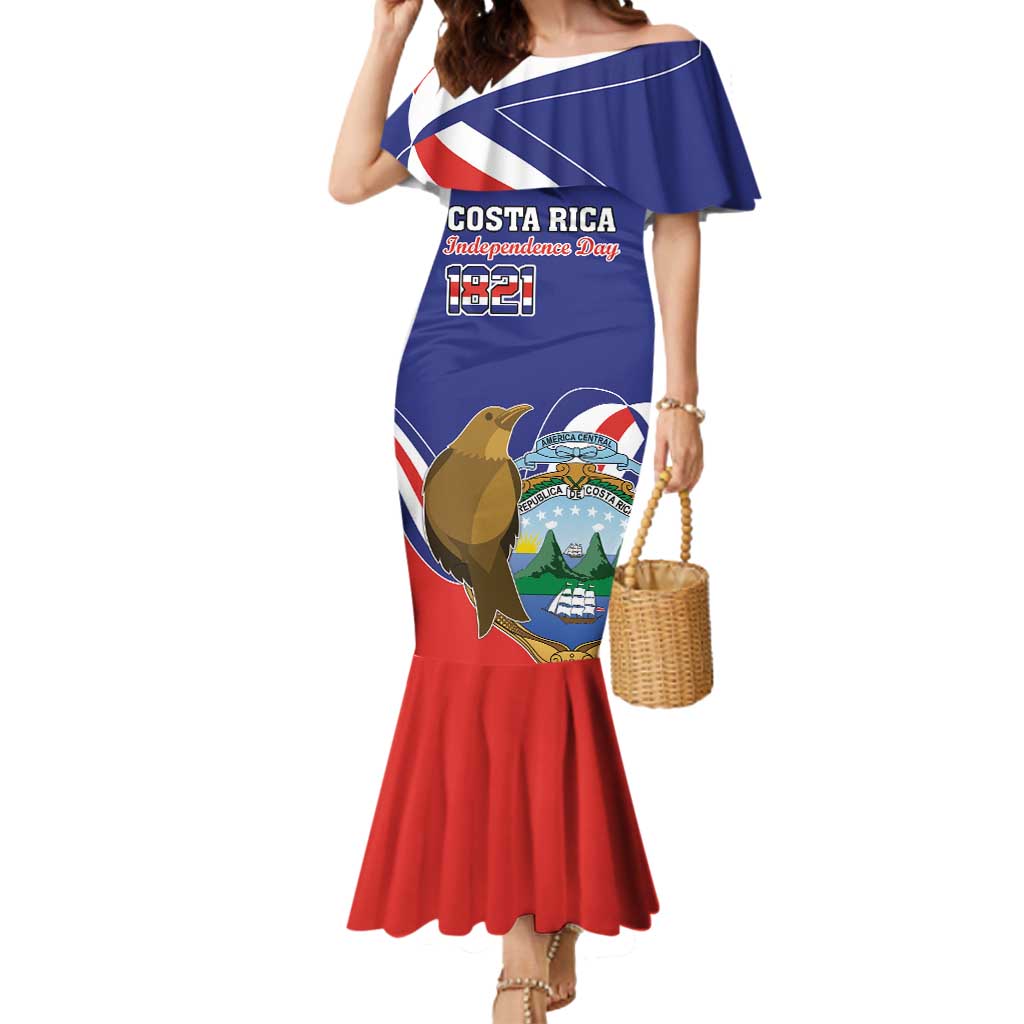 Custom Costa Rica Independence Day Mermaid Dress Turdus Grayi Bird With Coat Of Arms - Wonder Print Shop