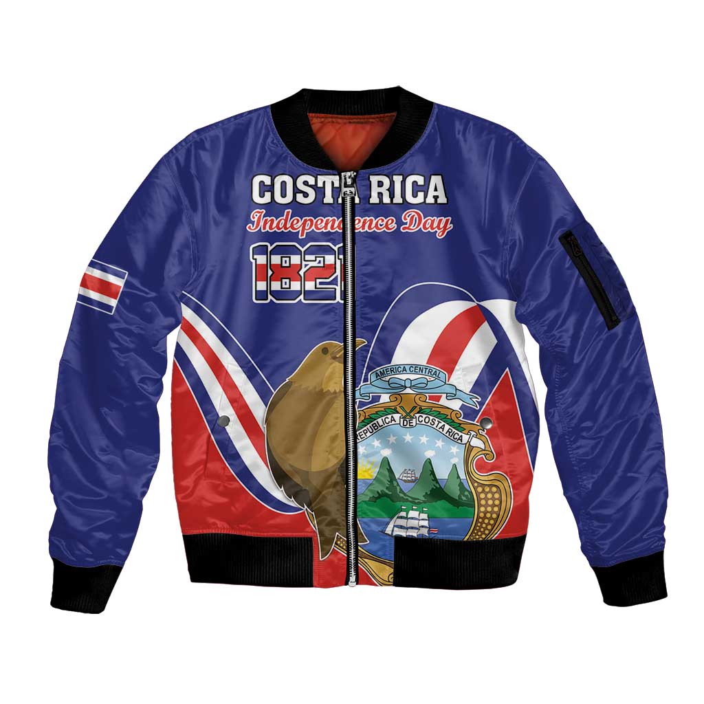 Custom Costa Rica Independence Day Sleeve Zip Bomber Jacket Turdus Grayi Bird With Coat Of Arms - Wonder Print Shop